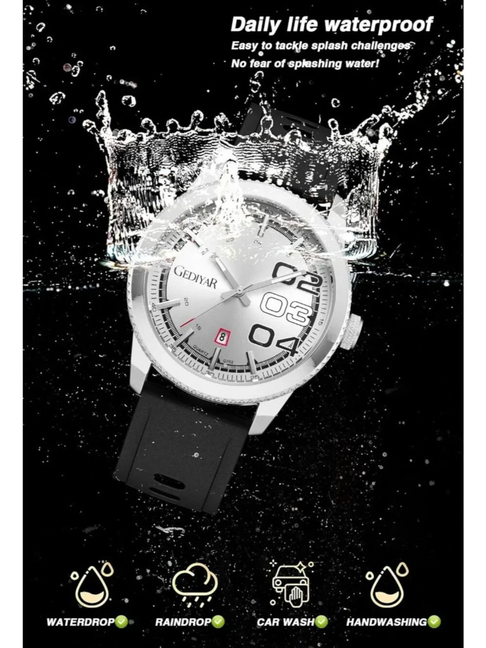 Men's Black Silver Analog Quartz Silicone Band Waterproof Luminous Wrist Watch
